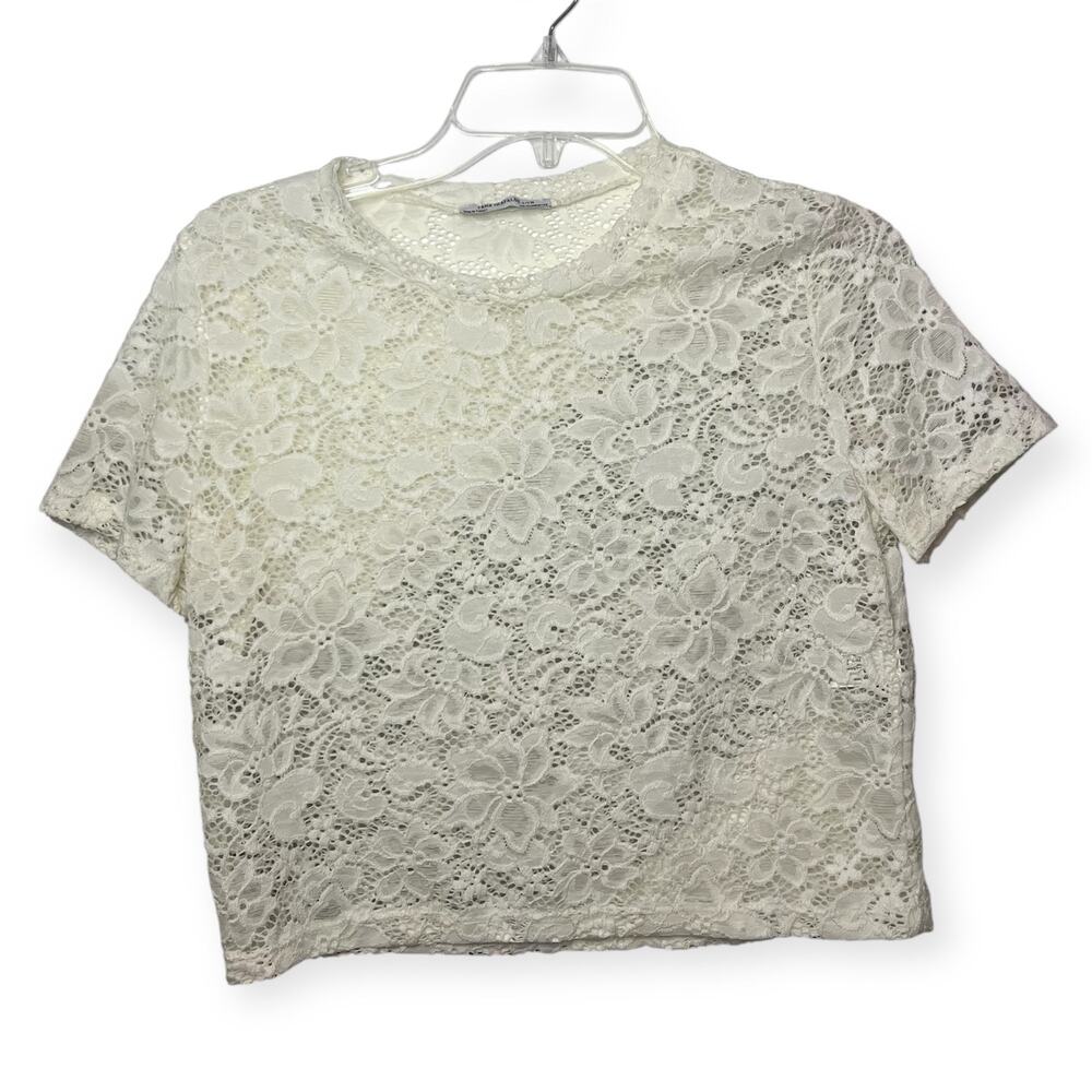 Zara White Floral Lace Short Sleeve Mesh Blouse Top Romantic Feminine Sz Small